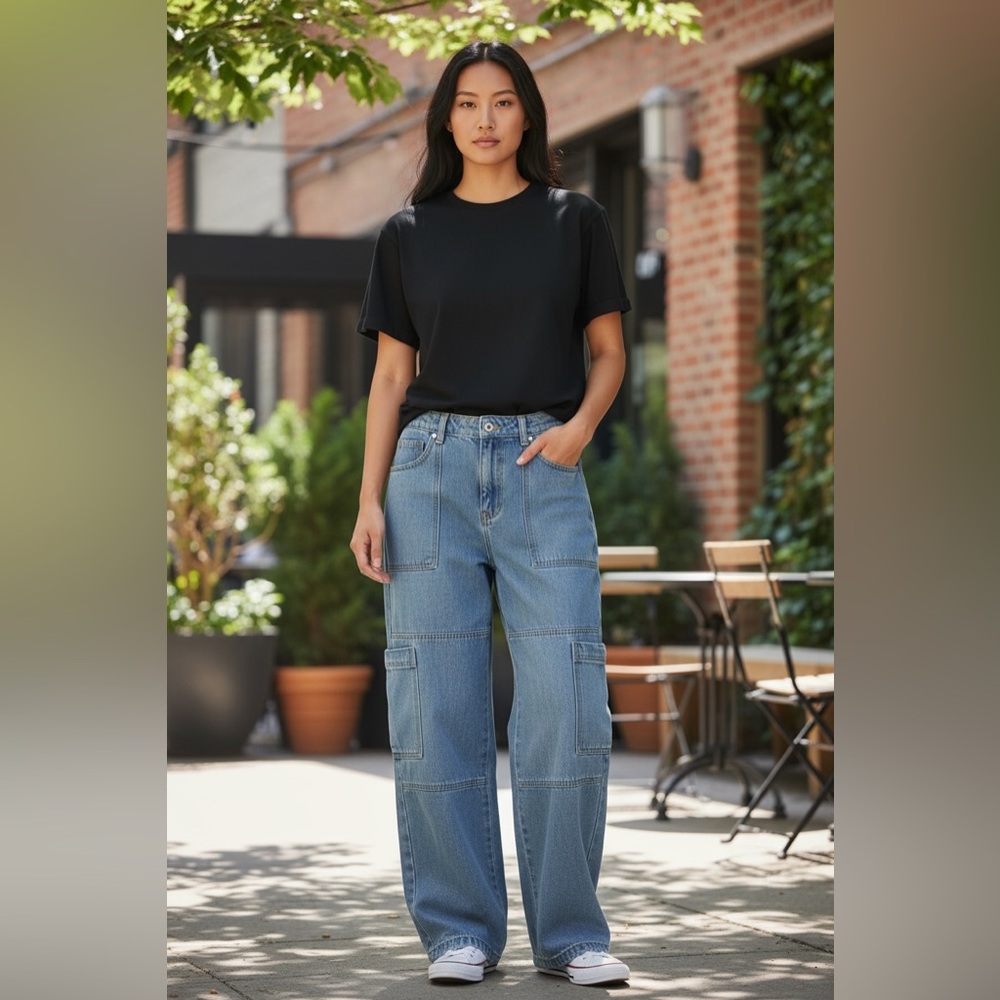 Romwe Blue Denim Cargo Jeans L Women Y2K Trendy Grunge Punk Streetwear Pockets